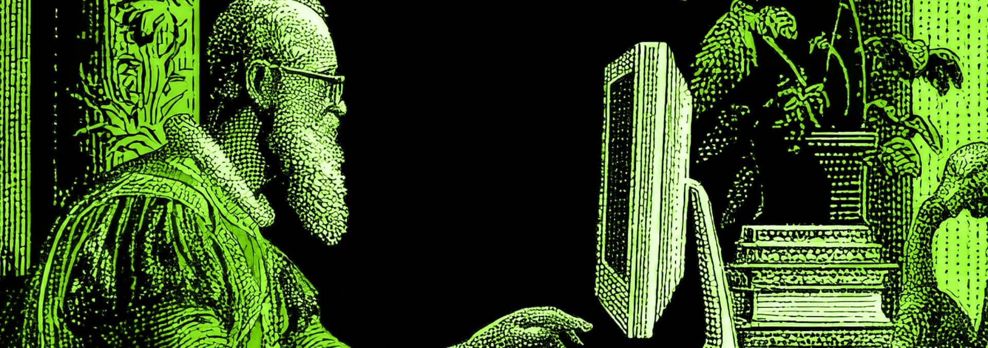 Renaissance-inspired illustration of a man working at a computer