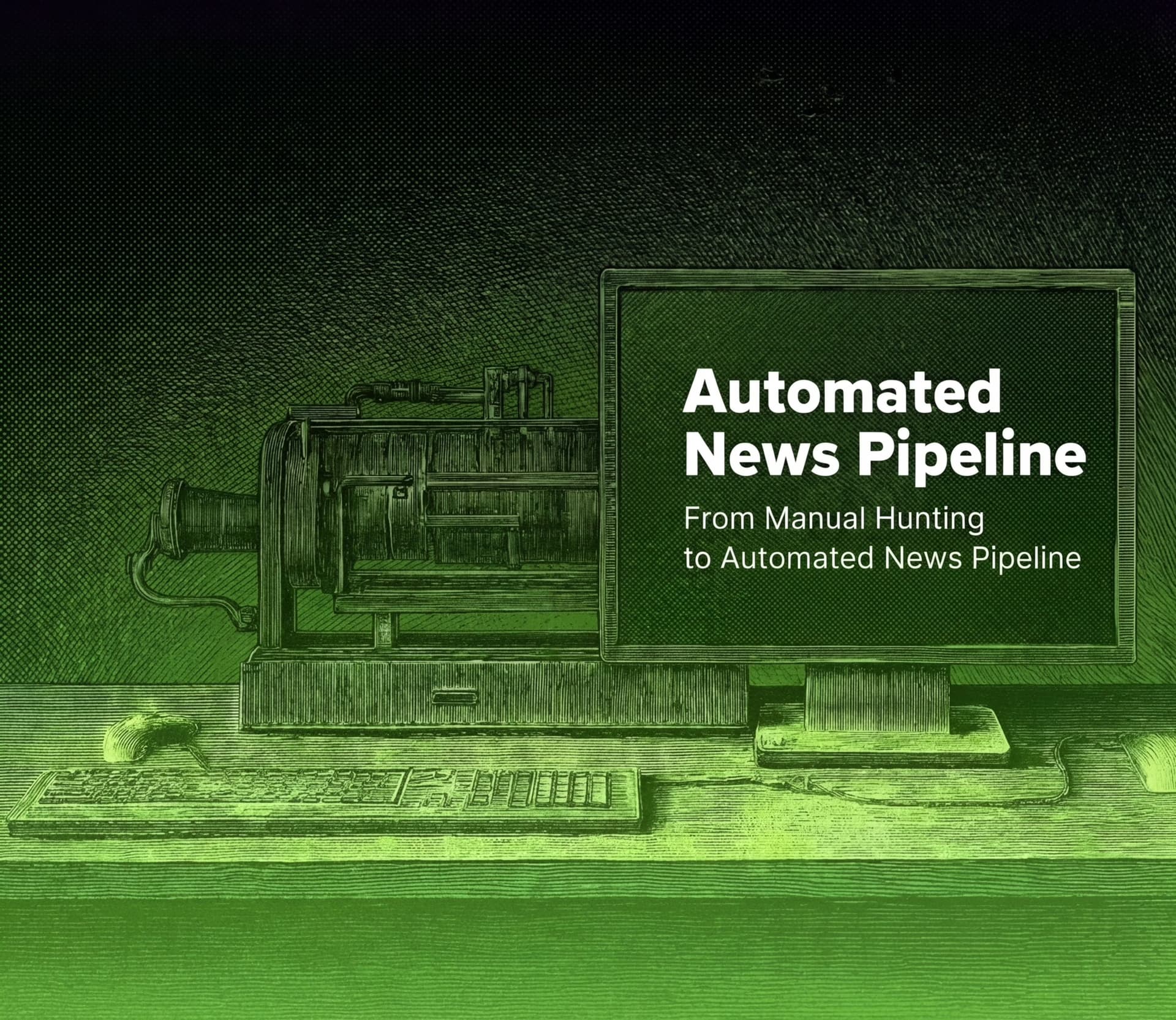 Automated News Pipeline case study cover image in Victorian engraving style with green tones
