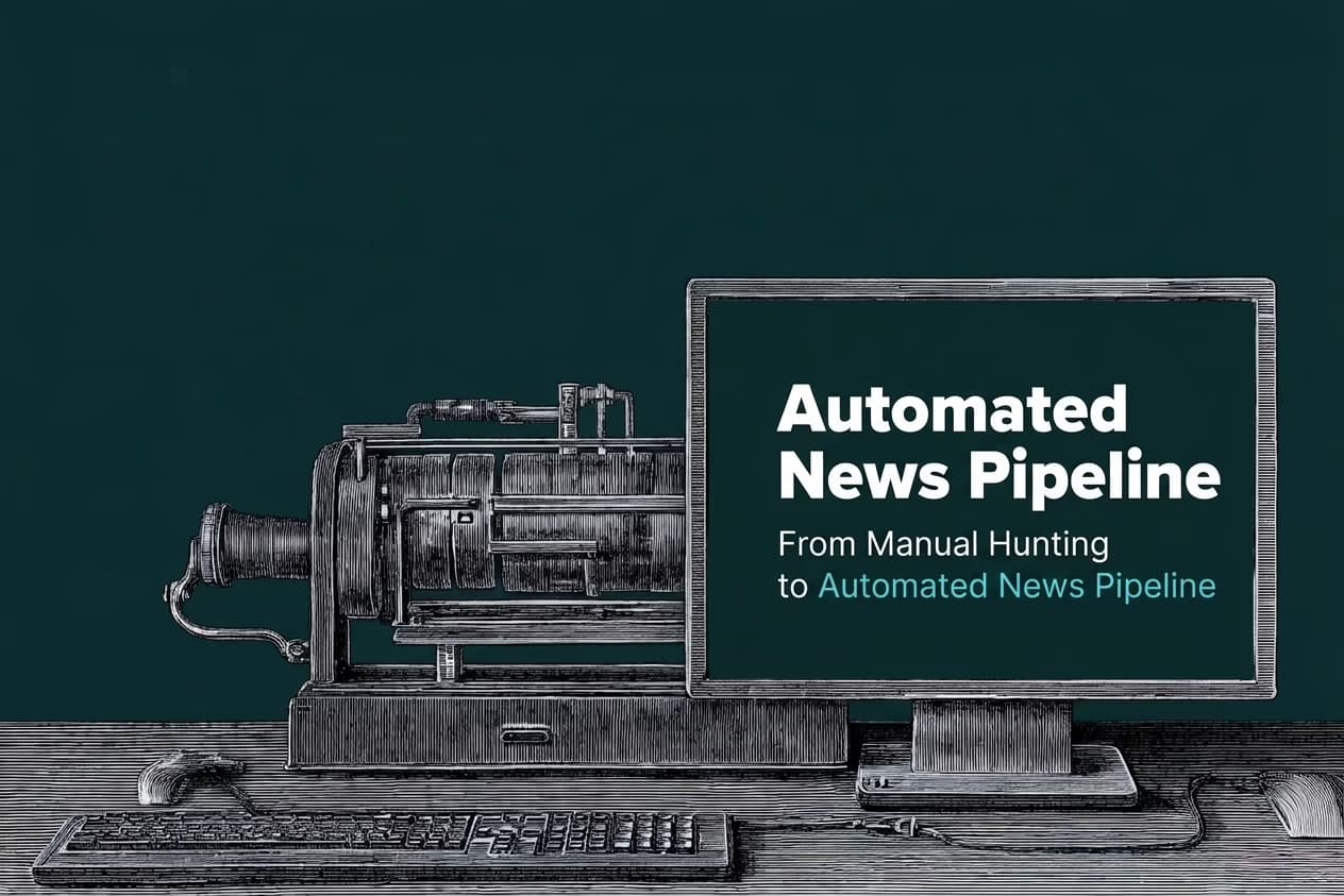 Automated News Pipeline - From manual hunting to automated news pipeline case study cover in Victorian engraving illustration style