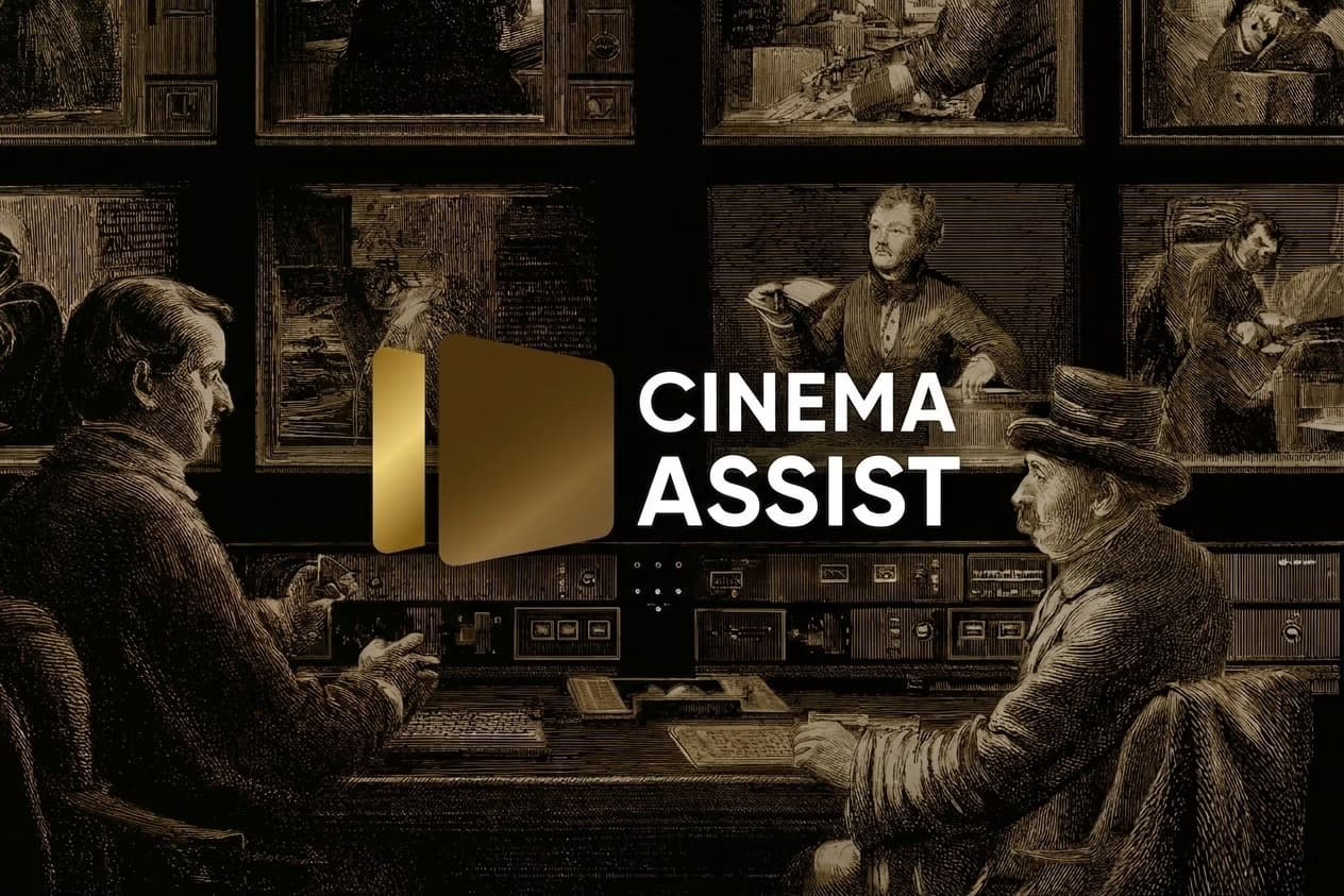 CinemaAssist case study cover in Victorian engraving illustration style with warm tones