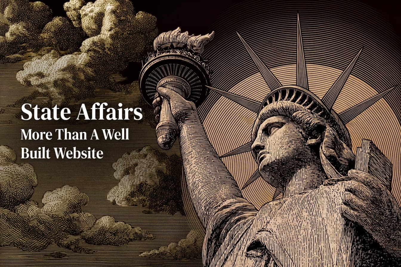 State Affairs case study cover image in Victorian engraving style with warm tones