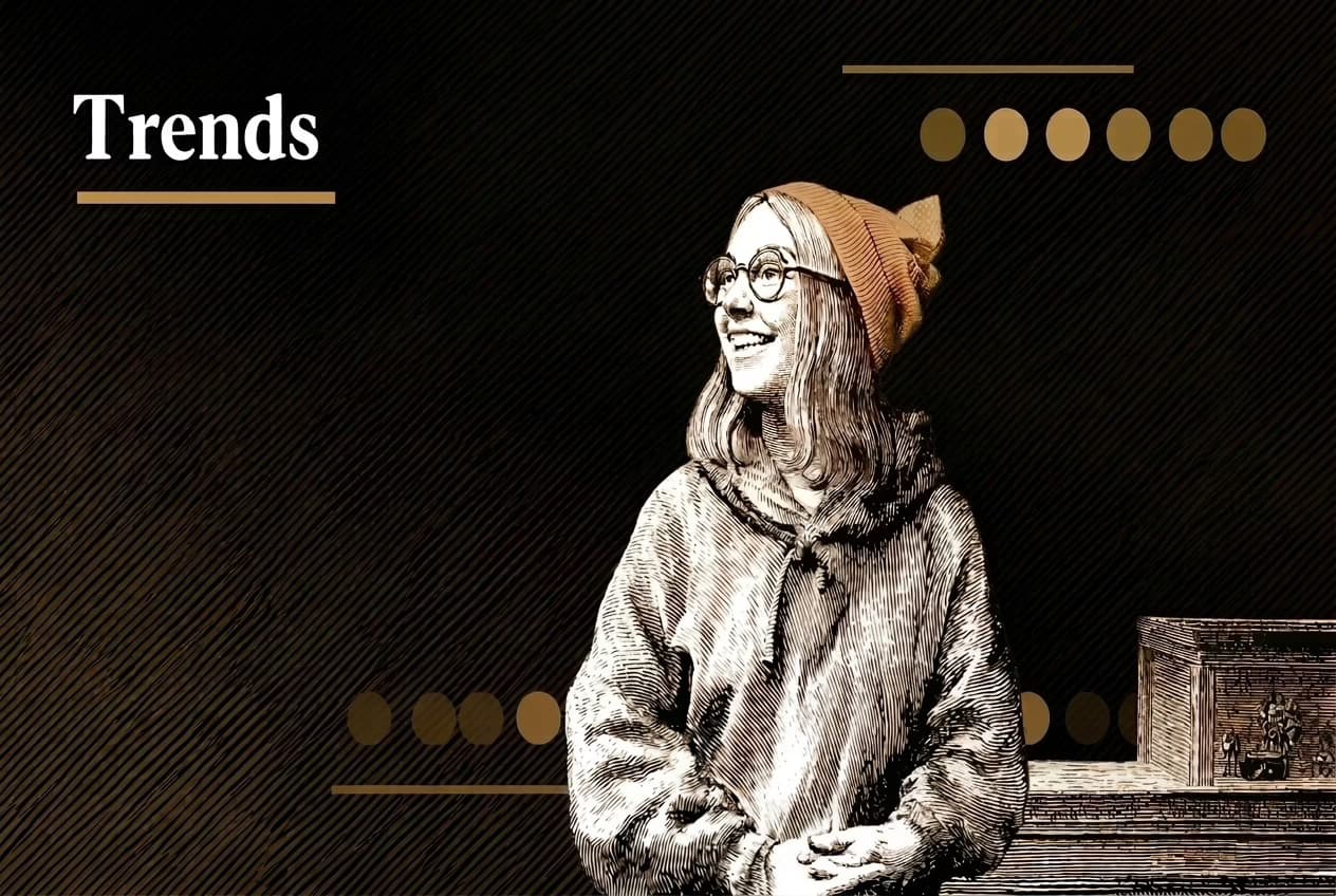 Trends case study cover in Victorian engraving illustration style with warm tones