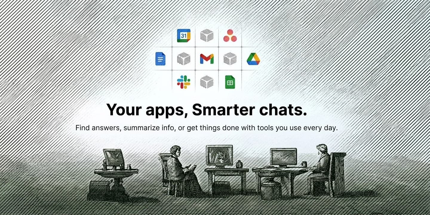 Workform - Your apps, smarter chats case study cover in Victorian engraving illustration style